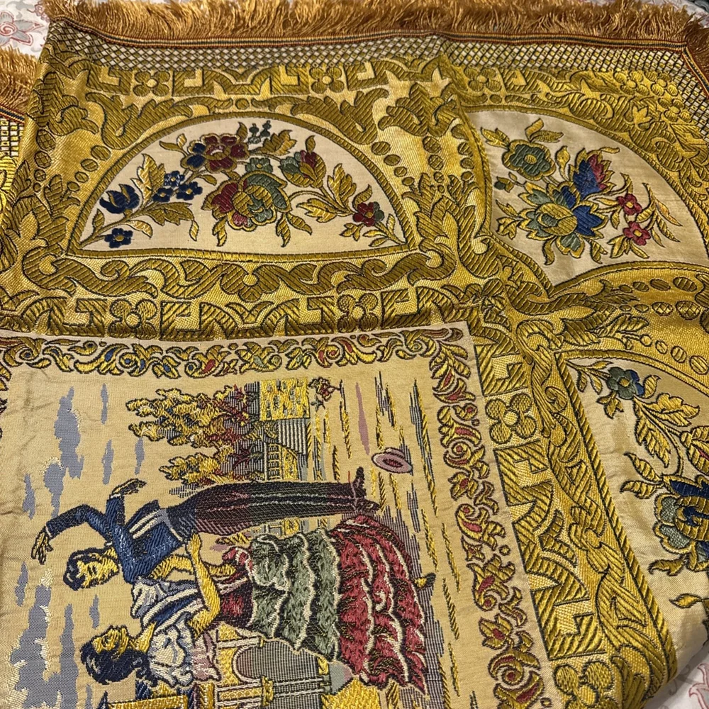 Spanish Tapestry Scarf Sevilla Spain Embroidered Manton Altar Table 48x48 Vtg